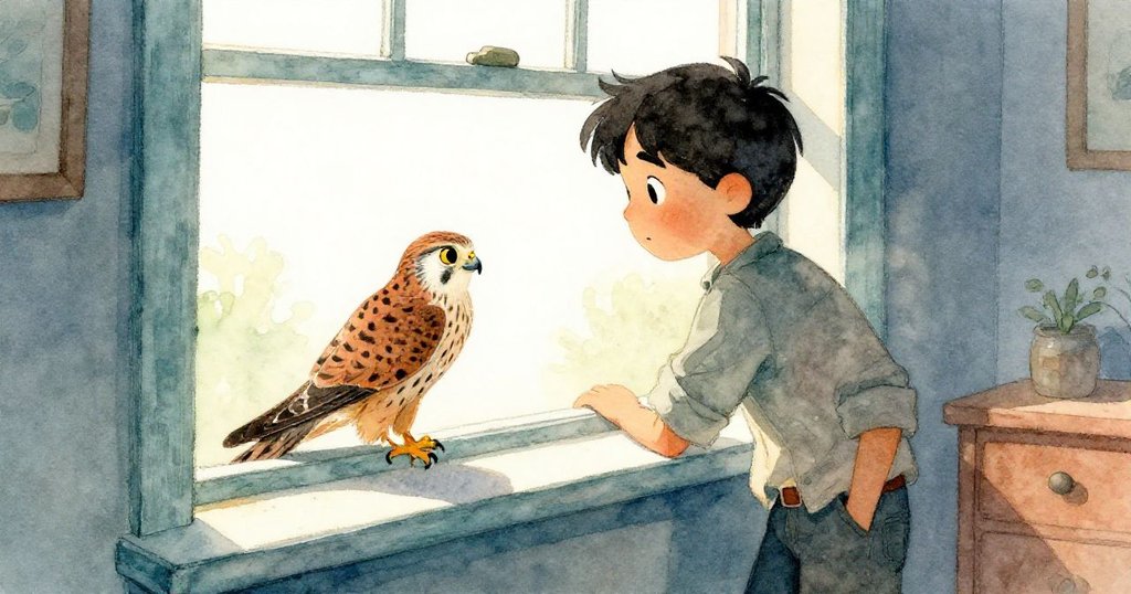 Glen 停下工作，於大窗邊與好奇鷹隼輕觸互動，溫柔目光交流中展現工作的間隙寧靜。