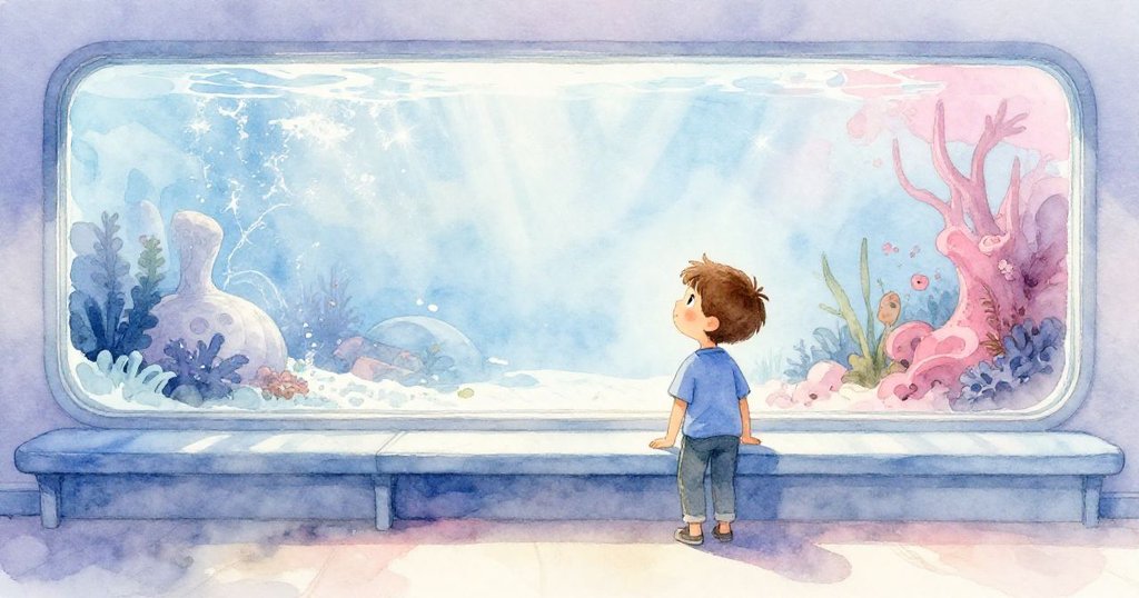 Owen站在光滑長凳前,凝望著大珊瑚窗,神情好奇且平靜,展示探索故事的開始。