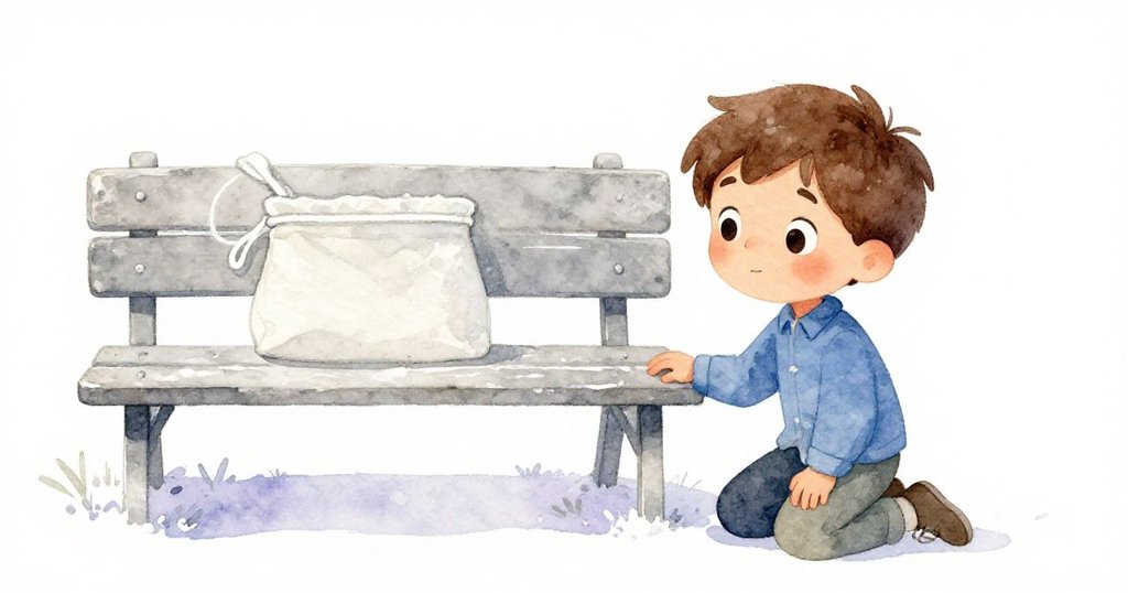 Owen跪在長凳前仔細查看上面粉筆畫的布包輪廓,神情專注,周遭留有大量空白空間,故事開始展開。