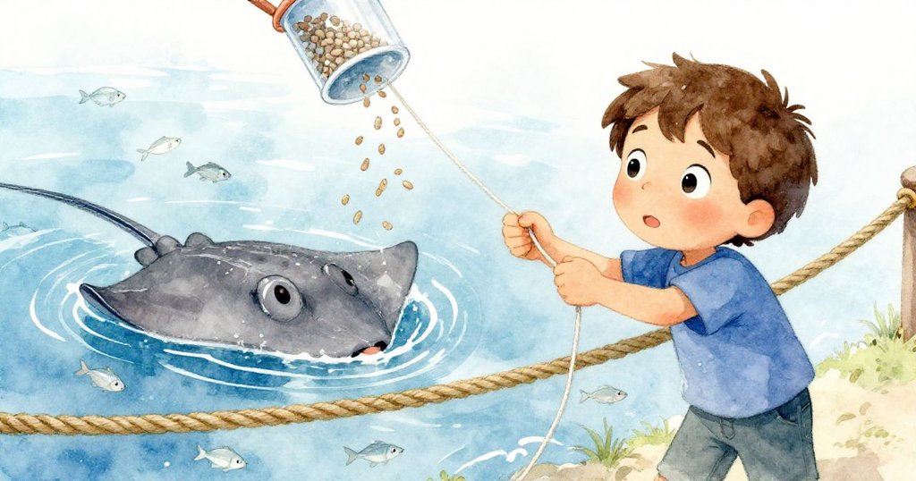 Owen輕輕拉出線頭,牽動繩網傾斜,餵食杯滴下蝦飼料,小銀魚迅速游動,動態細節豐富,故事進入高潮。