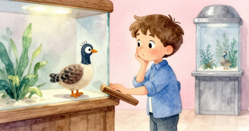 Owen在木製講台前停下,目光專注望著一隻絨毛鵪鶉玩具及其杠桿,面露猶豫與驚奇,故事轉入選擇時刻。