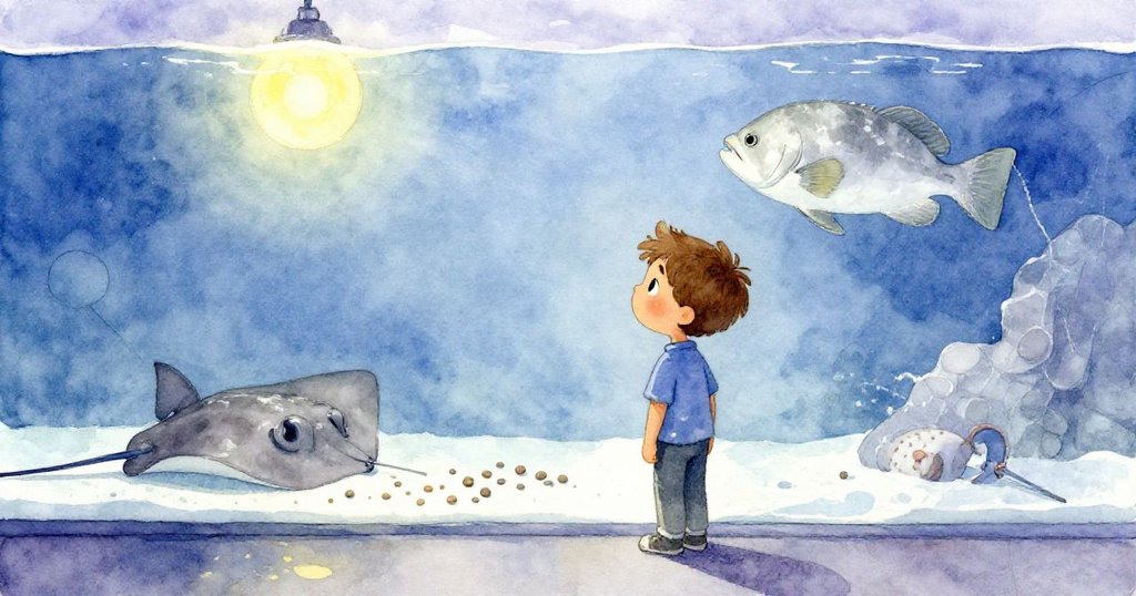 Owen在柔和燈光下的水族箱前沉思,觀察餘下的飼料、歪斜的杠桿及優雅迴旋的石斑魚,故事溫柔收尾。