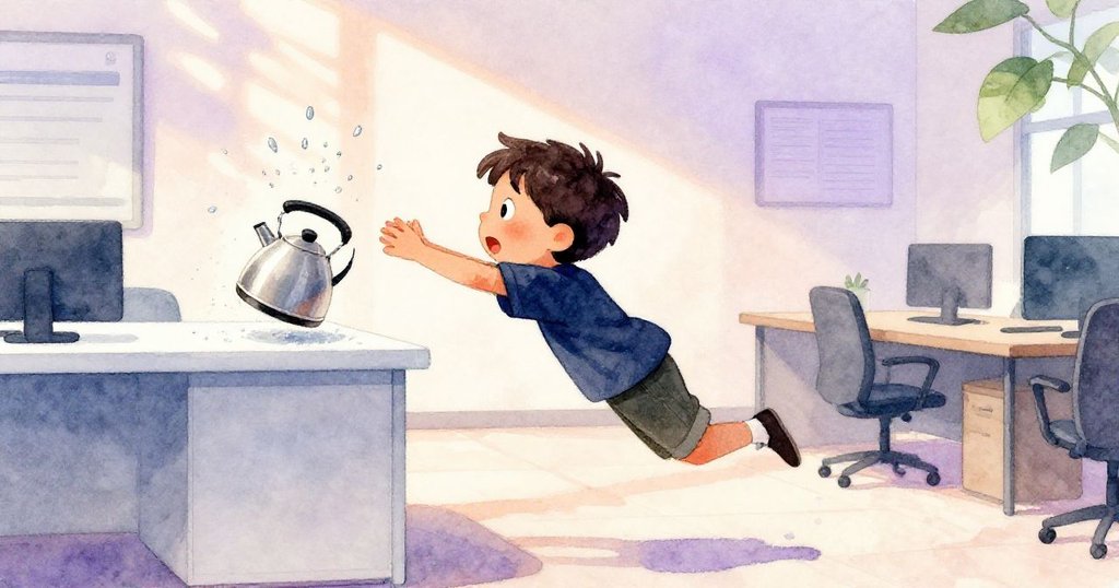 Quinn在辦公室休息室中急停伸手，銀色水壺滑向邊緣，水珠閃爍，背景現代明亮，神情專注。