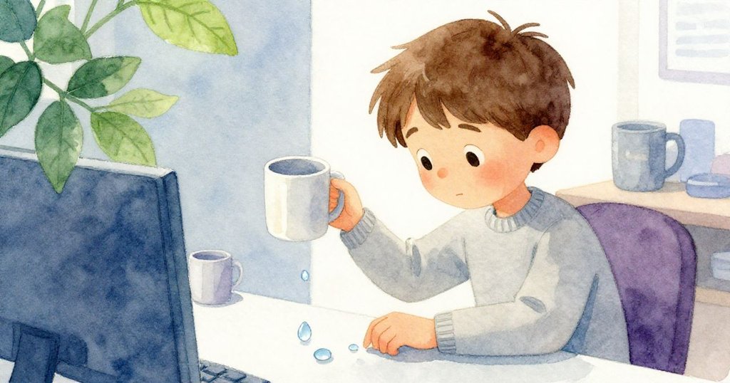 Finn在休息室中端著兩個馬克杯，細心用手指觸碰桌上水滴，神情專注且帶著疑惑，背景溫馨現代。