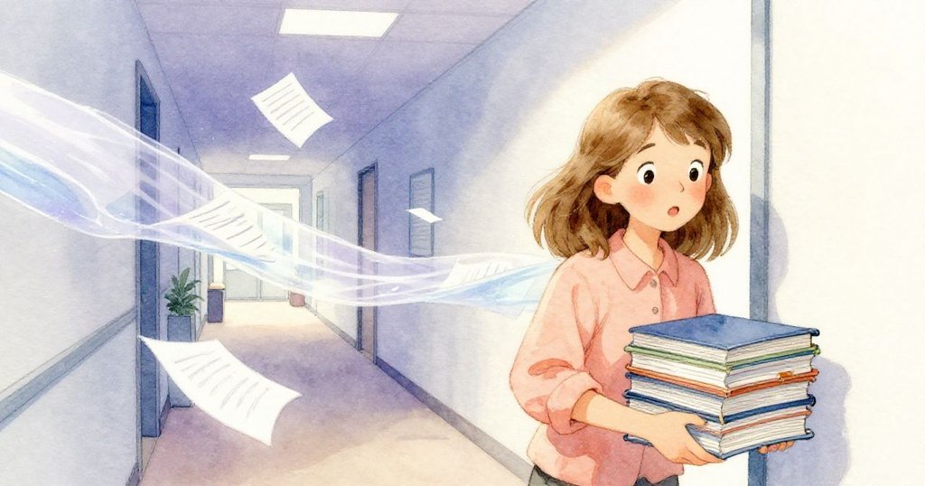 June從會議室走出手持議程，被透明水流輕觸散落紙張，表情驚喜與慌張交織，背景為現代辦公走廊。