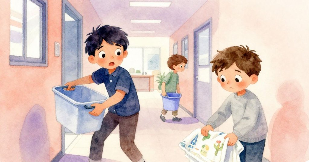 Quinn與Finn在走廊中合作處理水災，Quinn迅速放下塑膠桶，Finn鋪上回收毛巾，兩人動作迅捷，充滿協作精神。