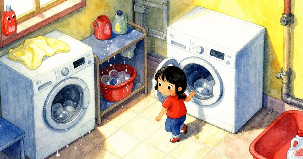 露娜蹲在共用洗衣房中，從高空俯瞰能見洗衣機、滴水台面與天花板管道，光影交錯，展現溫馨生活場景。