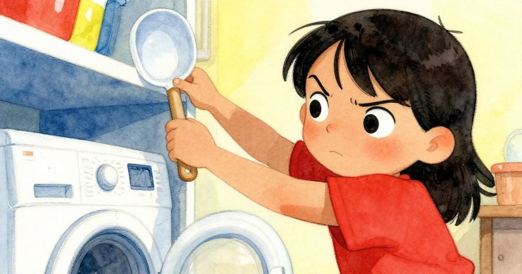 露娜專注凝視，伸手從高架上取下破損塑膠勺，背景隱約見洗衣房細節，神情堅定且充滿期待。