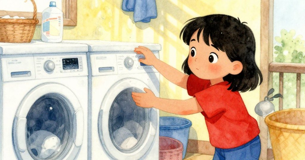 露娜在柔和回憶色調中伸手取粉，陽光從陽台灑下條紋映在牆上，呈現洗衣房昔日寧靜感。