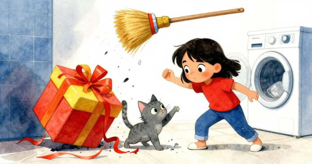 露娜驚慌間試圖穩住滑動禮盒，破損勺子撞擊灰貓爪，掃帚驟落，營造緊張且動感十足的瞬間。