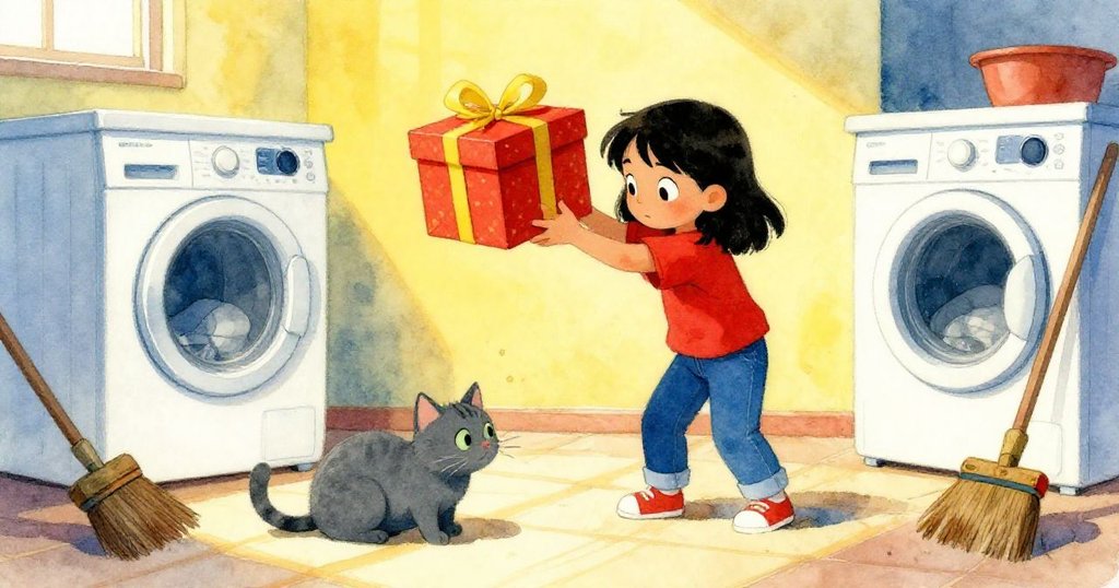 露娜溫柔撫摸放鬆灰貓，穩住傾斜禮盒，掃帚仍卡牆與洗衣機間，陽光灑落恢復安定洗衣房氛圍。