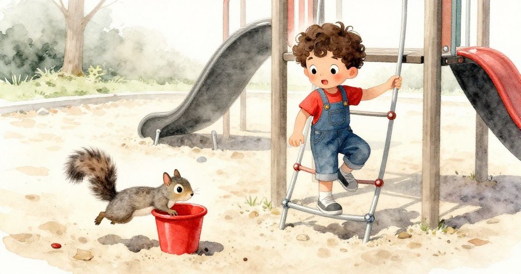 米爾斯從爬梯下踏入沙坑，灰松鼠在紅桶旁邊跳躍，背景透出初晨光影與長長陰影。