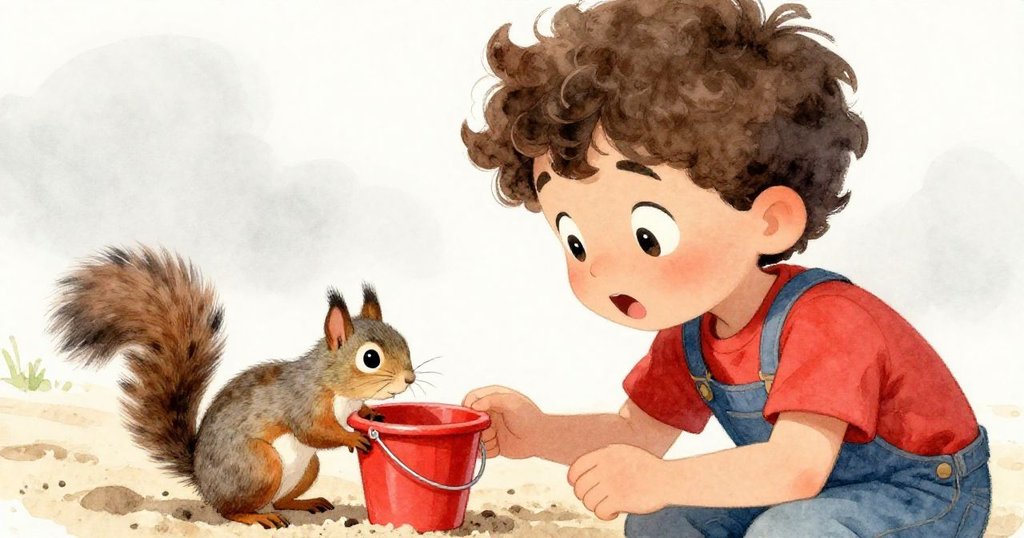 米爾斯露出驚喜表情近鏡，觀察灰松鼠用前爪敲擊紅桶，眼神充滿好奇與柔和晨光。