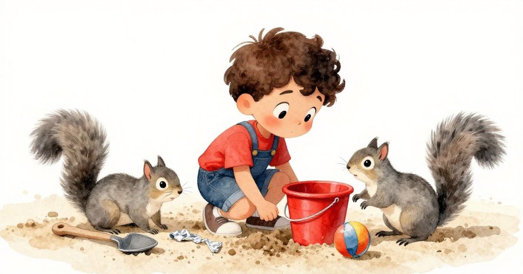 米爾斯蹲伏在沙坑中，聚焦於散落的工具與飾有紅桶的場景，灰松鼠忙碌於桶邊，背景展現多層次細節。