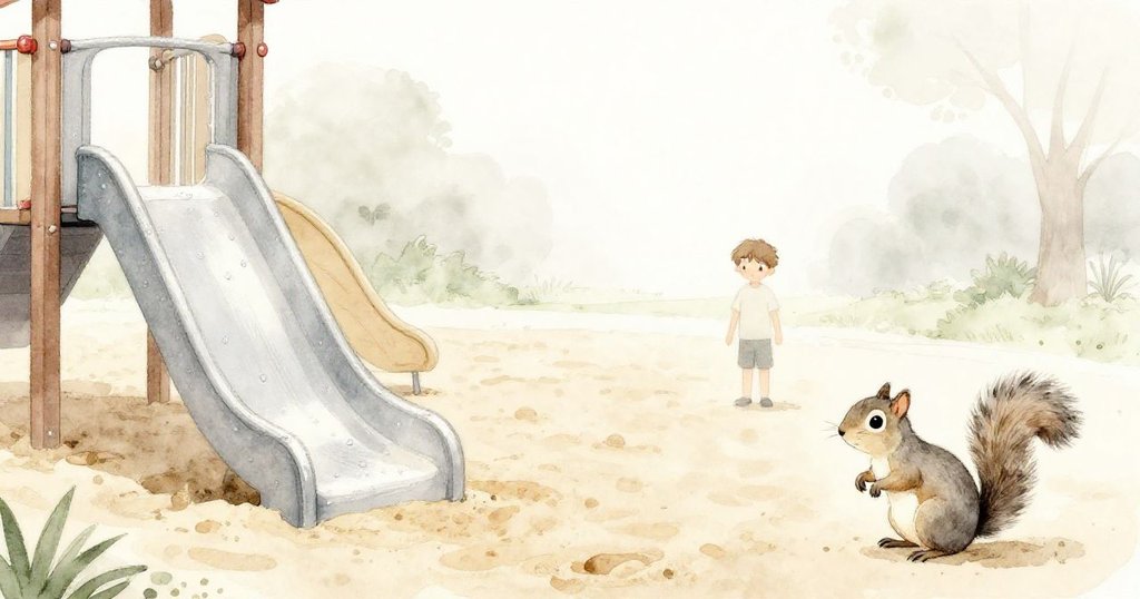 清晨涼爽中，遊樂場滑梯及沙坑上蘊含晨露，環境展現米爾斯與灰松鼠的隱約身影，充滿自然氣息。