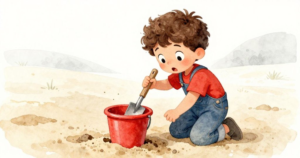 米爾斯緊蹲於沙坑中，用鐵鏟撬紅桶積沙，表情專注又略帶驚訝，呈現出奮鬥瞬間。