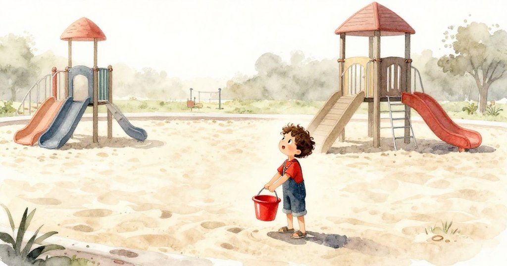 米爾斯輕扶紅桶站在廣闊遊樂場中，晨光映照下展露微笑，整個場景散發著平和與成就感。