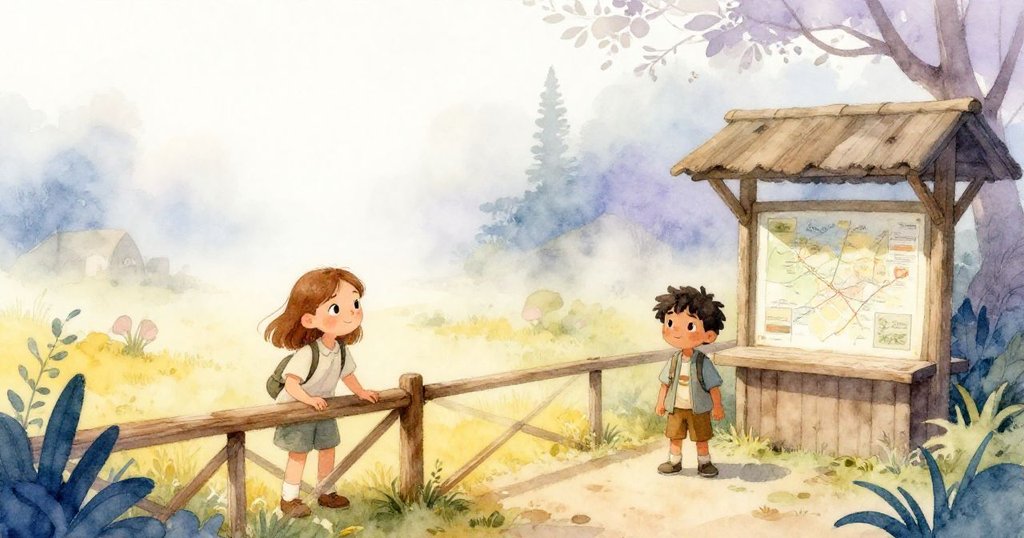 Hazel在薄霧中於動物園的木欄杆旁探尋紅熊貓休息處，Rafe在旁研究古舊地圖，神情好奇且沉浸於清晨氛圍。