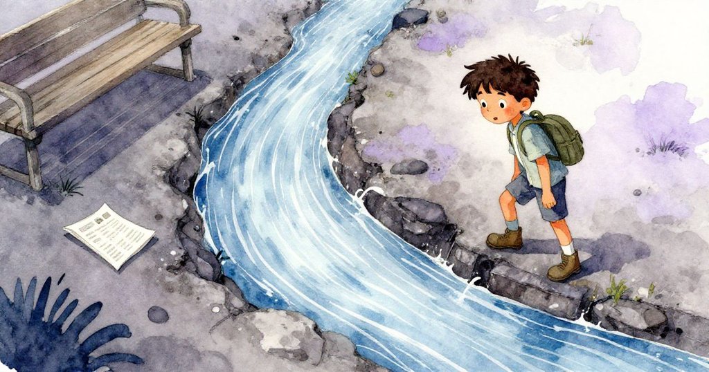 Rafe小心觀察淺水流沿著石縫流動，濕潤手冊散落於長椅旁，多層景深展現事件發展。