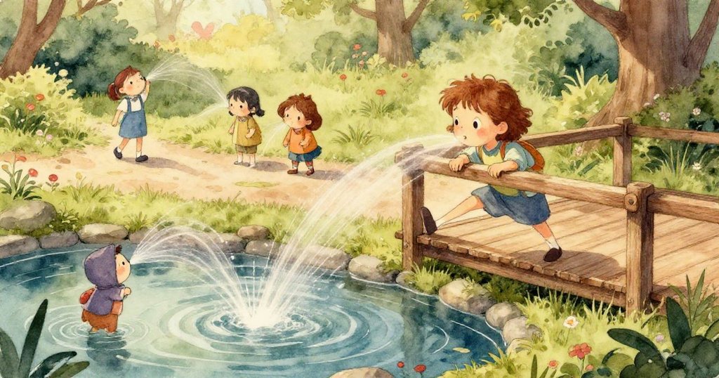 透視圖展示水流旋轉進入排水口，清澈水面下凸顯剝落裂紋石板，神秘細節令人驚嘆。