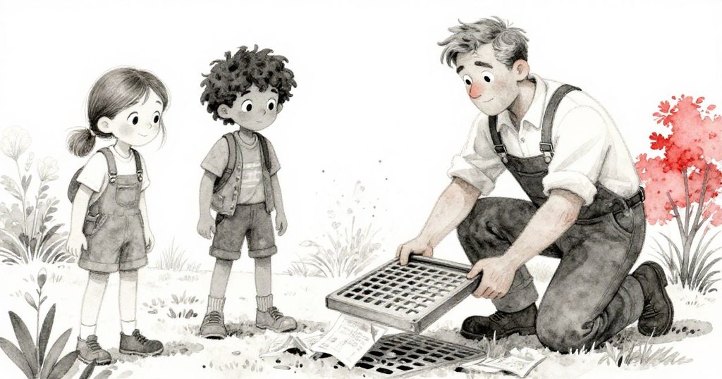 園丁專心抬起金屬格柵放散濕書，Hazel與Rafe在旁關切觀望，現場充滿動作與轉機。