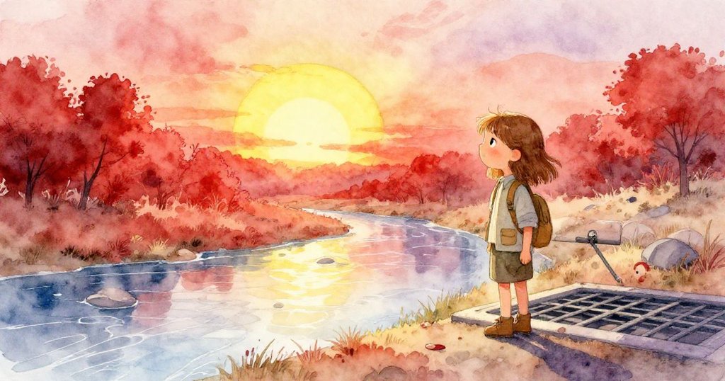 Hazel在夕陽餘暉中靜立於修復後的格柵旁，金色光線映出地上細水，心情沉著且充滿寧靜。