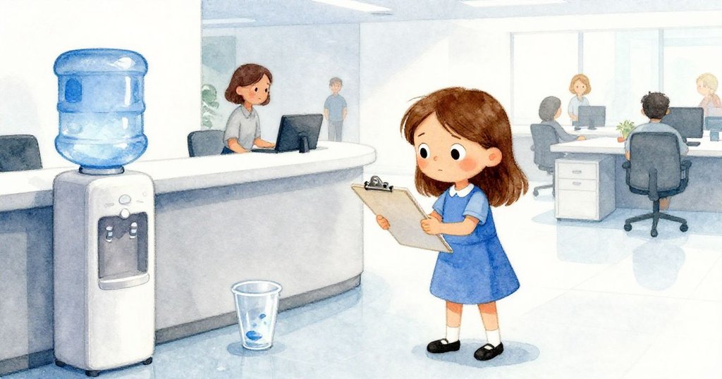 溫暖辦公室中，Wren推動文件夾在接待台滑動，不小心碰倒透明杯子，背景中其他同事忙碌中，開始故事。