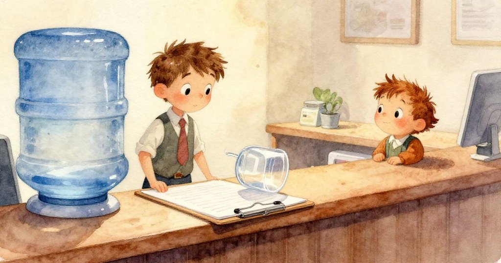 Wren面對滑動杯子，雙眼充滿驚訝與擔憂，辦公室光影流動細節明顯，情節逐步展開。