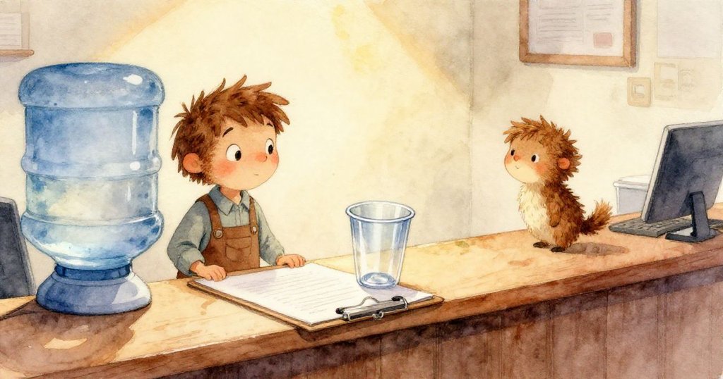 俯角視角捕捉透明杯子在藍灰色地板上滾動，反光閃耀，以及桌上雜誌受影響，情節發展。