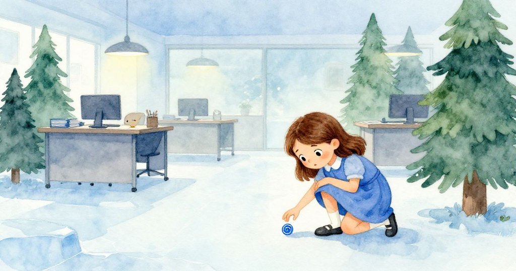 平靜寬廣鏡頭中，Wren蹲下捕捉最後代幣，故事解決，辦公室環境恢復安穩並結尾，充滿靜謐。