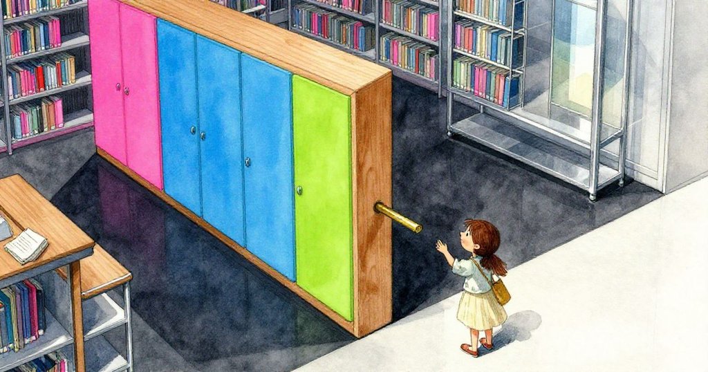 Ruby從鳥瞰視角探索現代圖書館內櫥櫃,發現半插銅條,神情充滿好奇與期待,燈光柔和映出都市現代氣息。