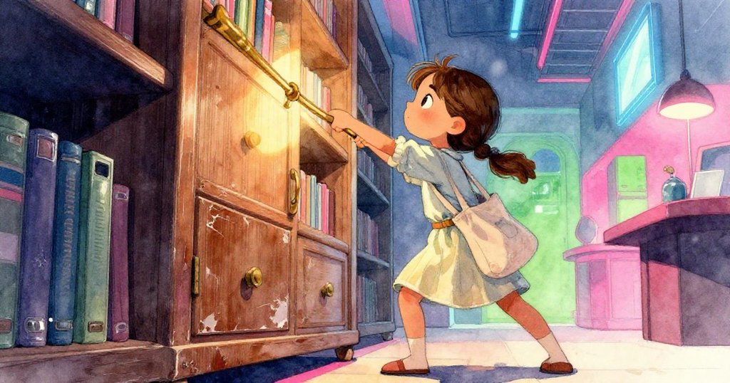 低角度仰視Ruby專注扭動銅條,櫥櫃上斑駁紋理映襯堅毅神情,現代圖書館氛圍充滿神秘與決心。