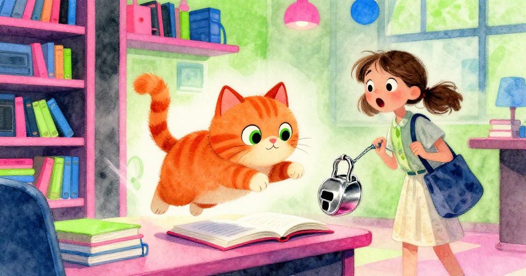 橙色圖書館貓靈巧躍上閱讀桌,Ruby在旁驚喜注視,充滿現代都市活力,動感場景展現奇遇連連。