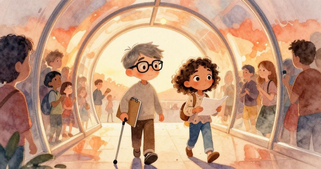 Wade和Olive在玻璃隧道中與人群互動,燈光溫暖,牆面反射出金色光芒,兩人微笑前行,充滿期待。