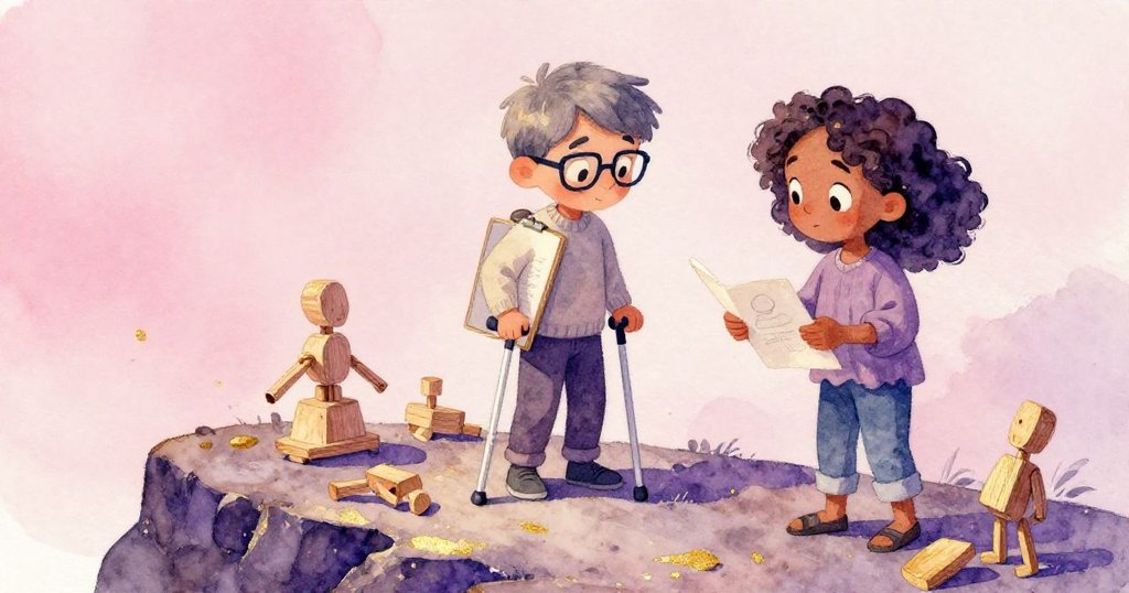 Wade調整輔助手杖,Olive凝視開著的筆記本,岩石邊緣上道具搖晃,展現關懷與創造力,燈光柔和。