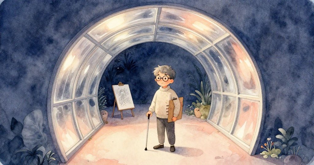 Wade在彎曲玻璃隧道中穿行,背光下銀色光影流動,透過曲面效果展現獨特視覺,燈光暗藍映襯溫暖橙光。