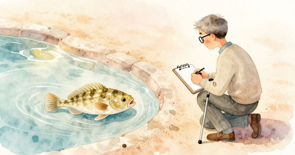 Wade在觸摸池邊停下仔細描繪,一尾條紋比目魚從沙中漂浮而起,現實與想像融為一體,柔和燈光映襯。