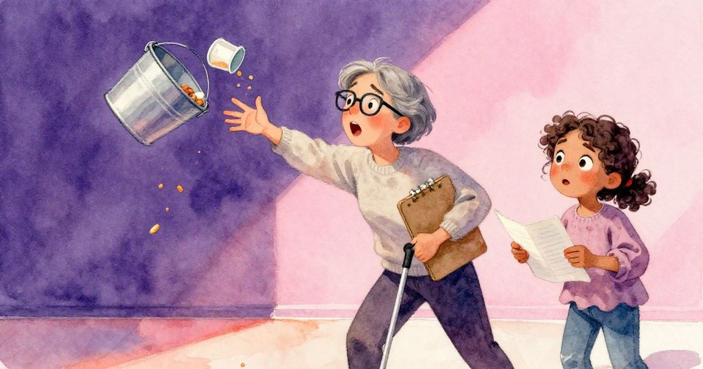 Olive驚訝中迅速扶穩搖晃桶子,Wade忙著拾起散落飼料,水漬地板與強烈光影營造出緊張瞬間。