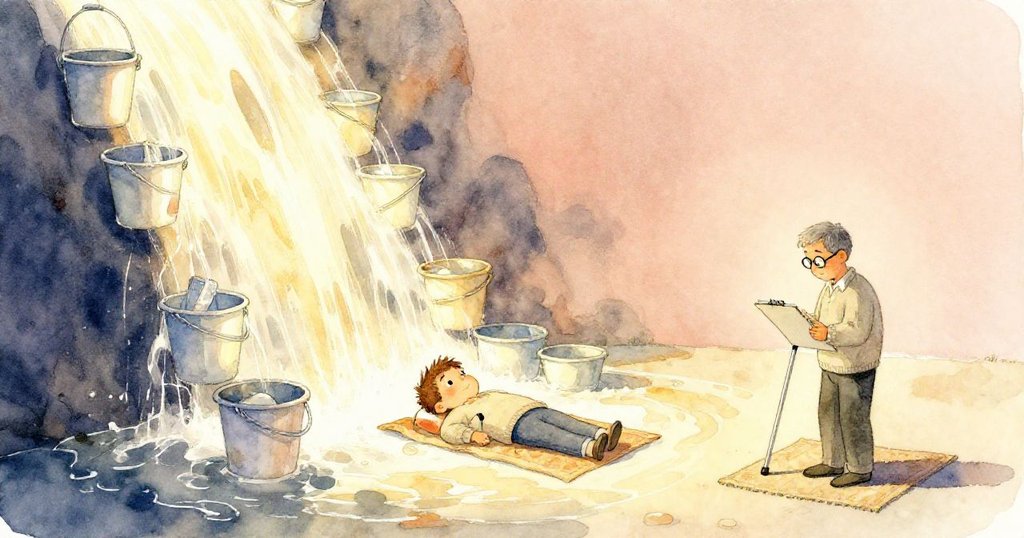 Wade安靜地重新作畫,旁邊守護者鋪上大墊子阻擋濕跡,連串空桶緩緩落下,觀眾低語見證平靜結局。