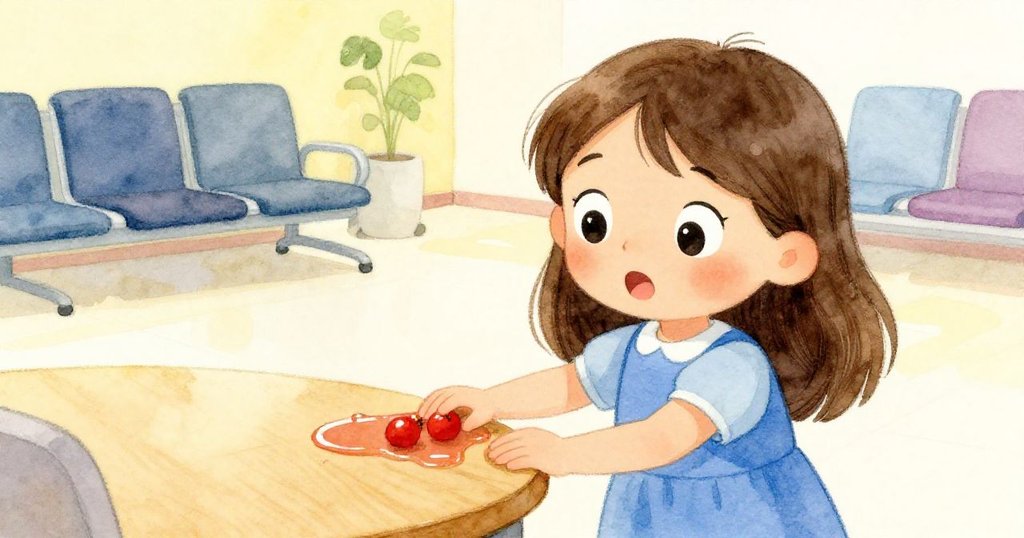 Zara細看桌邊黏稠痕跡，臉上驚喜溫柔流露，燈光柔和映襯現代候診室的細膩氛圍。