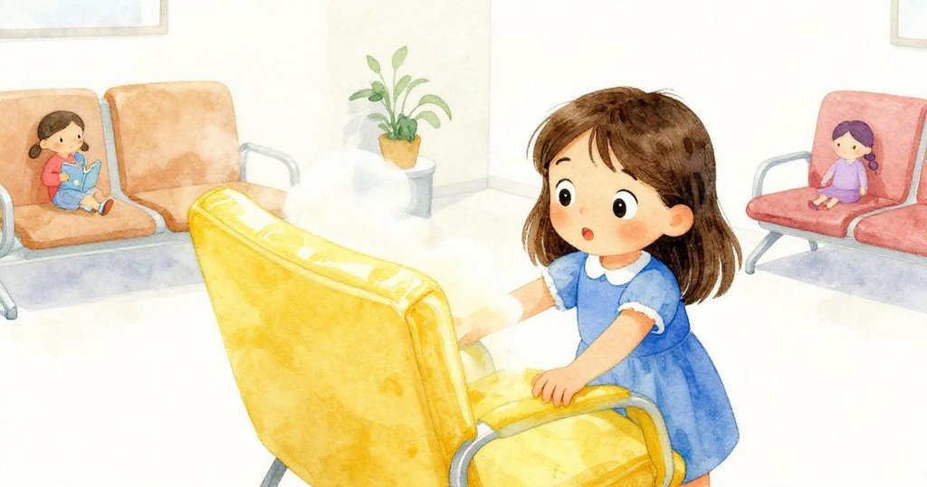 Zara從第一人稱視角移動黃色椅子，軟墊散發細膩氣息，畫面充滿現代候診室中的探索與發現情感。