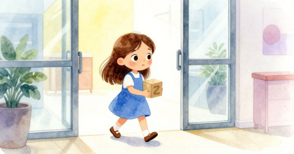 Zara走向玻璃門，手中緊握神秘紙盒，透過倒影與光線感受到都市走廊中充滿冒險的氛圍。