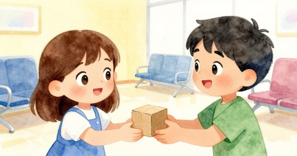 Zara與Ian在現代候診室中溫情交換紙盒，彼此眼神交流中傳遞出默契與探索後的溫暖。