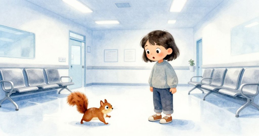 Nora在現代診所大廳中驚訝後退,活潑松鼠掠過板夾,背景有塑膠椅與冰藍、雪白燈光,場景寬闊。