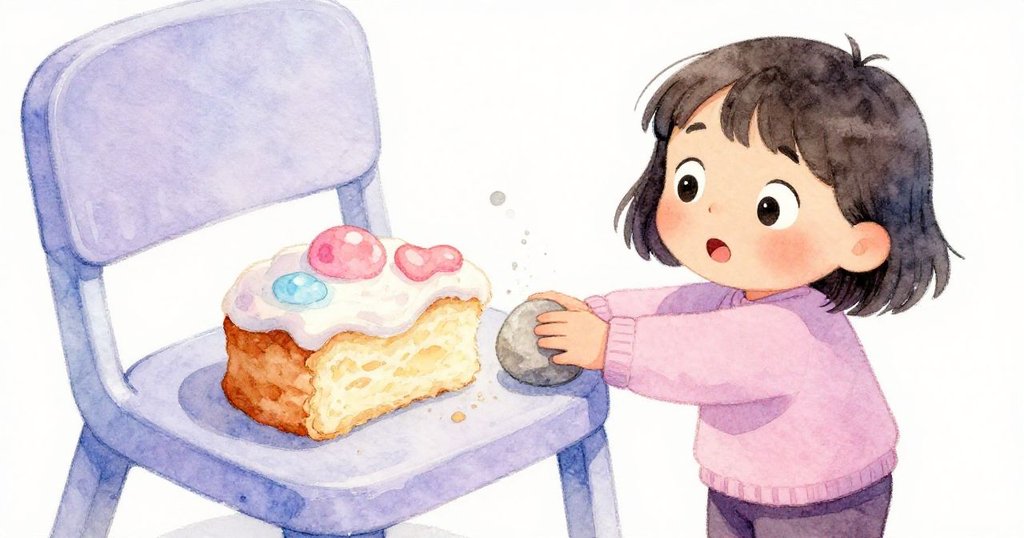 Nora手輕觸椅邊神秘小塊,塵屑剝落顯露蛋糕內層,柔粉與冰藍色調,細節清晰。