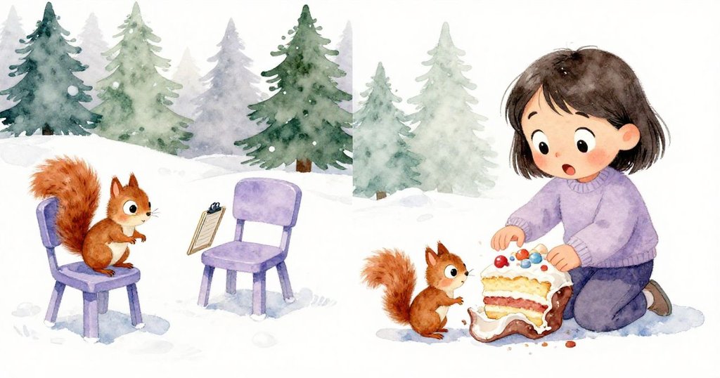 分格畫面左側松鼠於板夾旁嬉戲,右側Nora驚訝觀察小塊裂開顯蛋糕層,現代診所背景細膩。