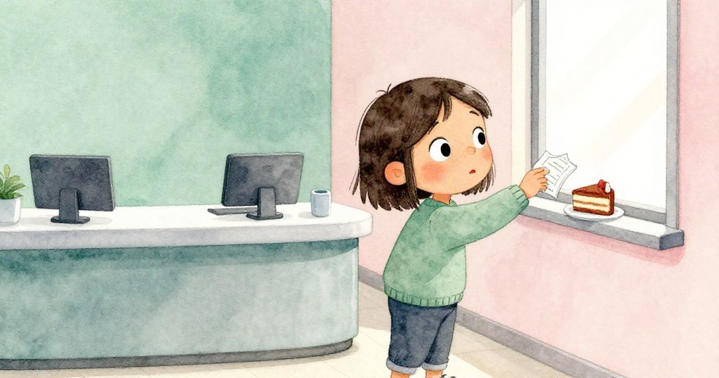 Nora站在接待台前猶豫,手持破票與半蛋糕伸向窗邊,周圍光影交錯,表情專注。