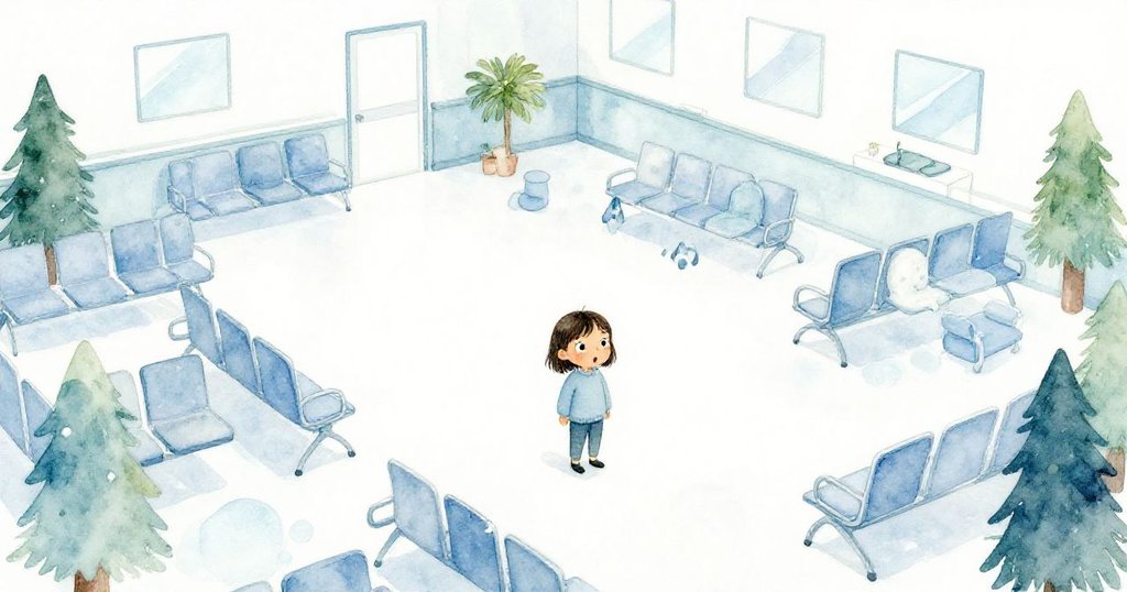 廣角視圖展現寬闊大廳,Nora身形渺小行走於椅與票據間,環境細節豐富,寓意旅程落幕。