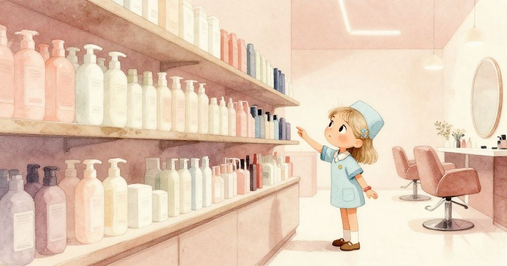 Dawn在現代髮廊中彎腰檢查產品架,發現淡粉塵痕,背景呈現柔和桃色與奶油白,神情專注。