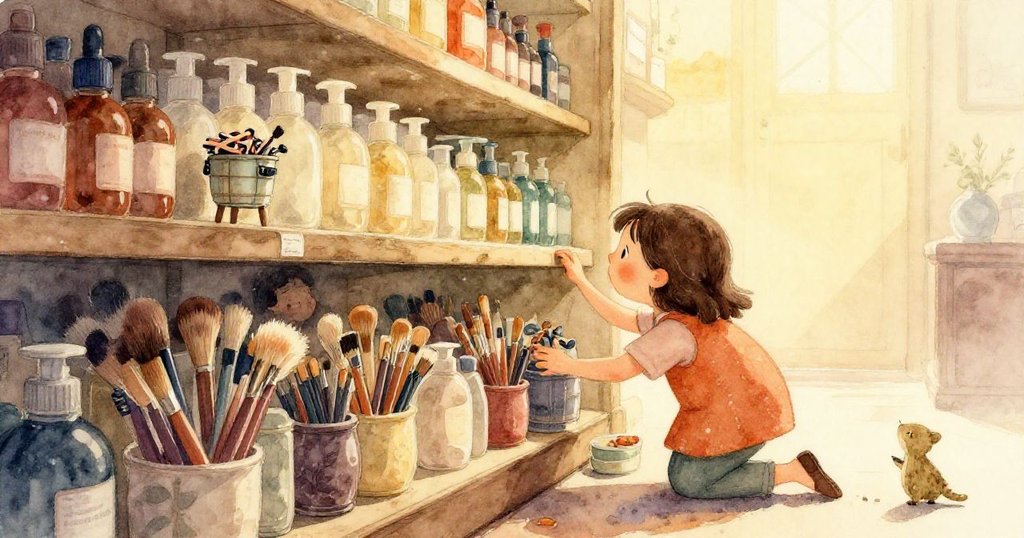 等待區中空曠的空間裡,網狀雜誌袋輕垂,光澤頁面微動,背景以薄荷藍與薰衣草灰襯托神秘氣氛。